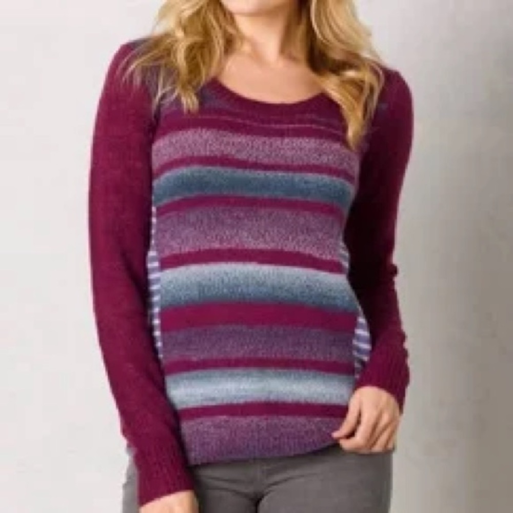 Prana Women's Seffi Wool Blend Striped Sweater in Plum Red